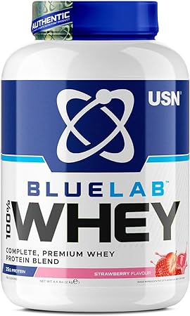 USN BLUELAB 100% suero de PROTEÍNA sabor FRESA 908g